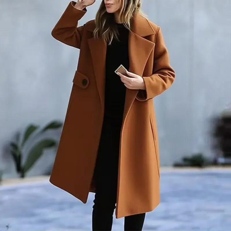 2025 New Plus Size Pure Color Autumn Winter Woolen Coat for Women Comfortable Casual Street Style Mid-Length Loose Fit Coat