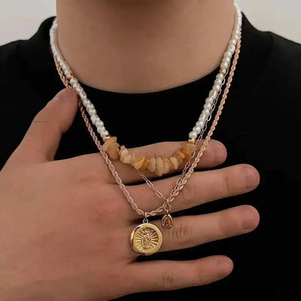 

SHIXIN 3Pcs Vintage Metal Sun Coin Pendant Necklace Men Boho Charm Imitation Pearl Acrylic Drill Clavicle Chain Wedding Jewelry