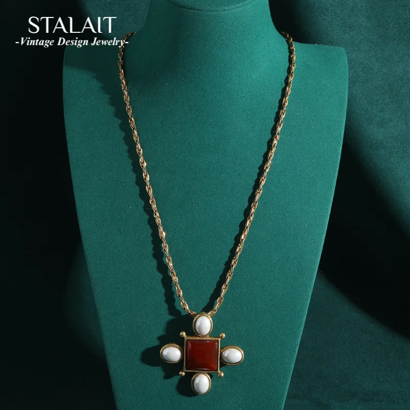 

Vintage Pearl Cross Red Stone Pendant Necklace Quality Designer Jewelry French Style Party Woman Luxury Charm Accessories 2025