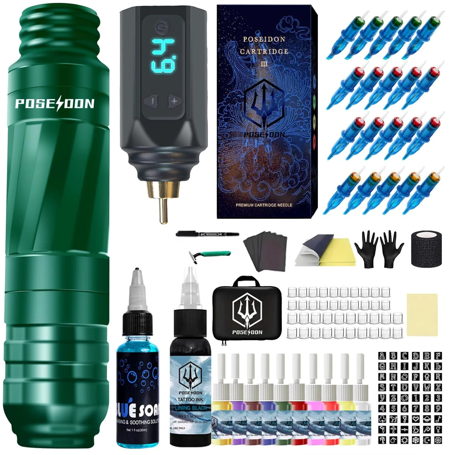 Tattoo Kit POSEIDON High Power Tattoo Pen Kit For Permanent Makeup Tattoo Machine Kit Green Tattoo Power Supply Tattoo Gun Kit