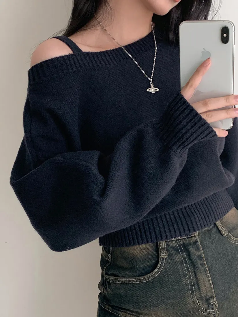 Suéter Retro de Punto con Hombros Descubiertos para Mujer, Moda Casual, Manga Murciélago Corta, Prenda Exterior Hoada de Ma...