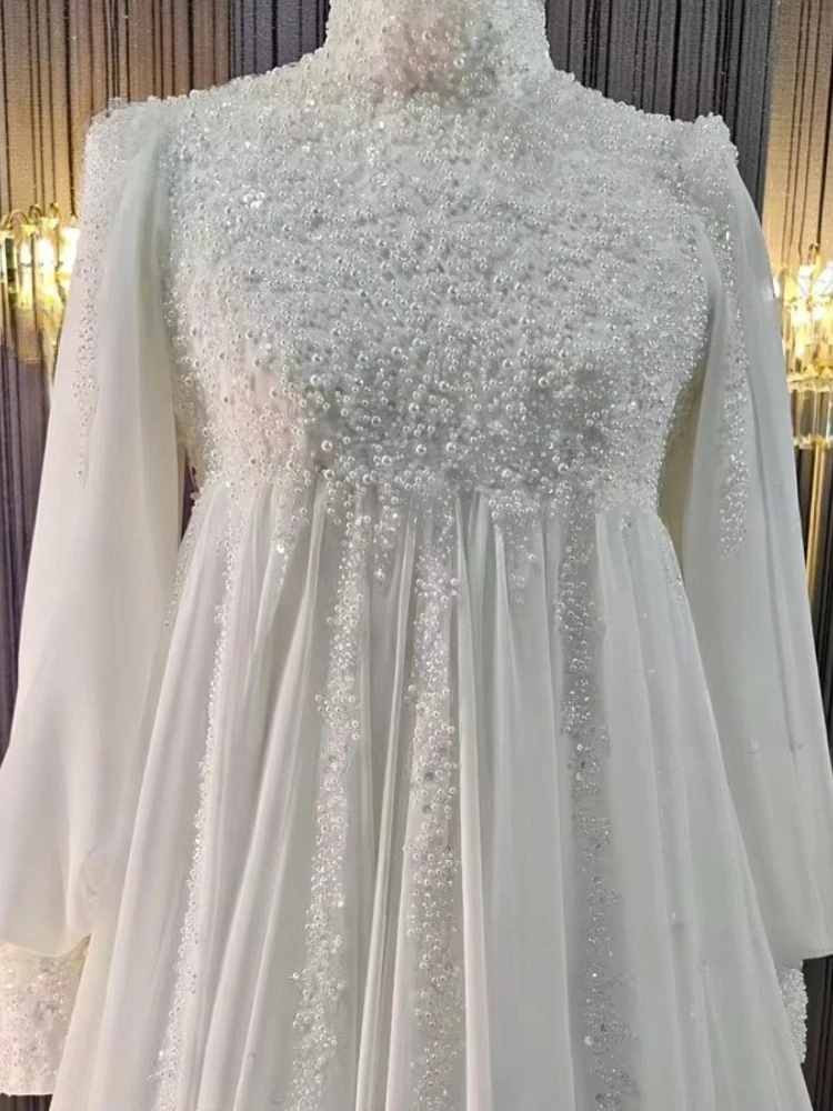 Elegant Chiffon A Line Wedding Dresses High Neck Long Sleeves Beaded Lace Floor Length Bridal Gown Sweep Train vestido de novia