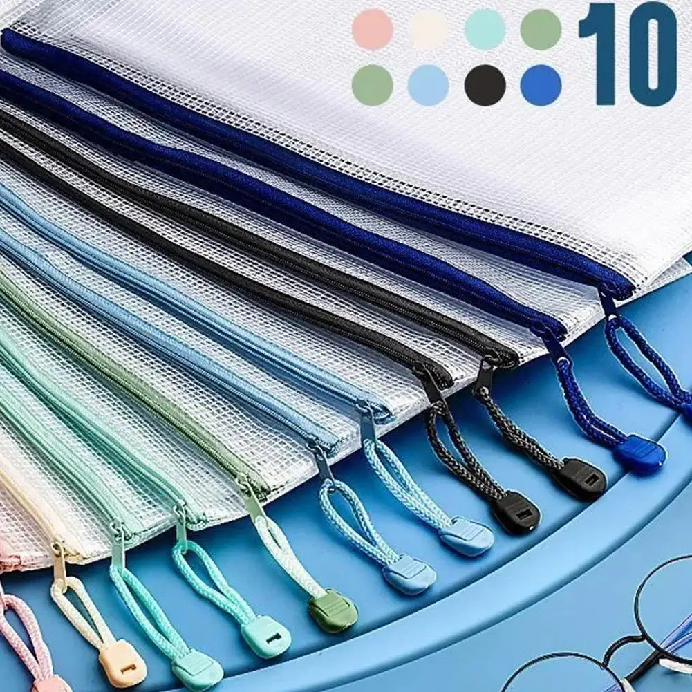 10Pcs Morandi Light Color Series Mesh Stationery Storage Bags With Zipper For Students School Office Supplies G0R8 view 4