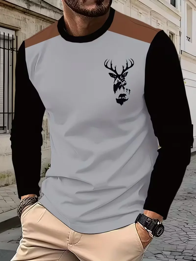 

New loose and comfortable casual sports versatile fashion printed deer pattern round neck long sleeved T-shirt for men's top