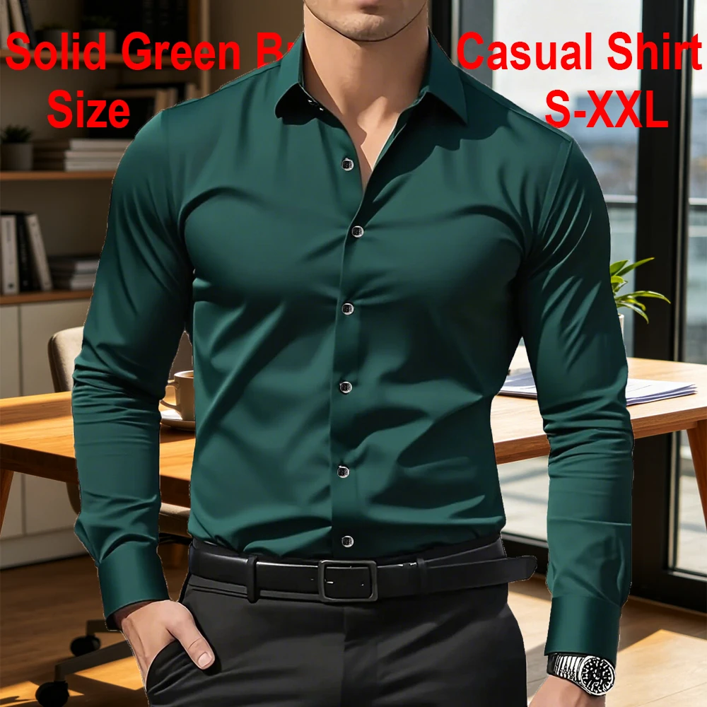 

Men's Solid Green Premium Business Casual Shirt, Slim Fit Long Sleeve Wrinkle Resistant Dress Shirt, 5 Colors Available, S-XXL