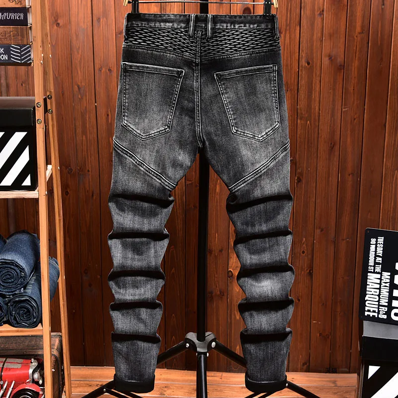 Jeans elástico preto high-end masculino, calça reta de motocicleta, lavada com água emendada, bicicleta jovem, marca de moda, solta, nova, 2022