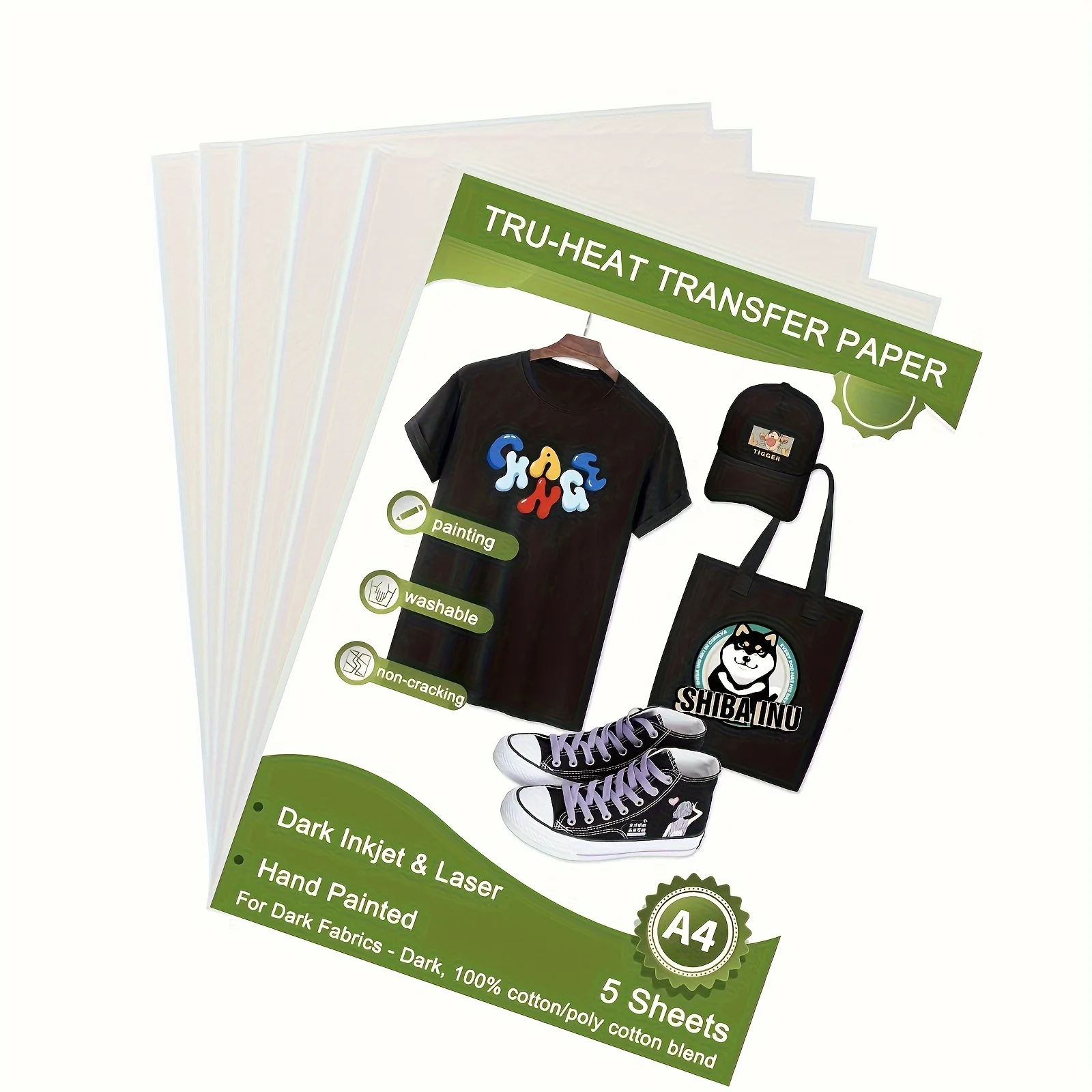 

5-листовая теплопередающая бумага формата А4 для темных футболок 8,3x11,7 дюйма, можно стирать и использовать для струйного принтера