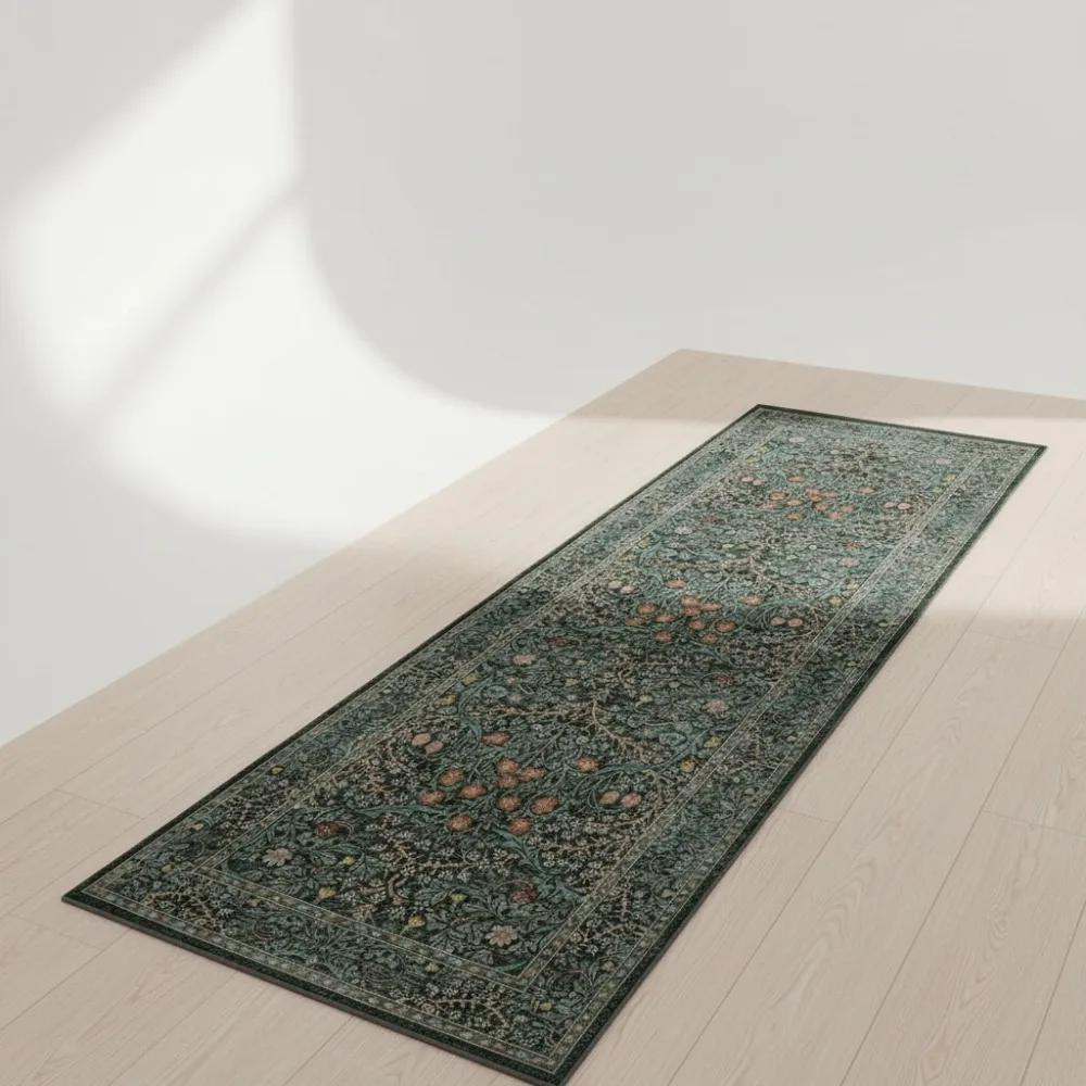 

Dark Green 2x5 Runner Rug Non-Slip Washable Floral Boho Low Pile for Bathroom Kitchen Entryway Laundry Room