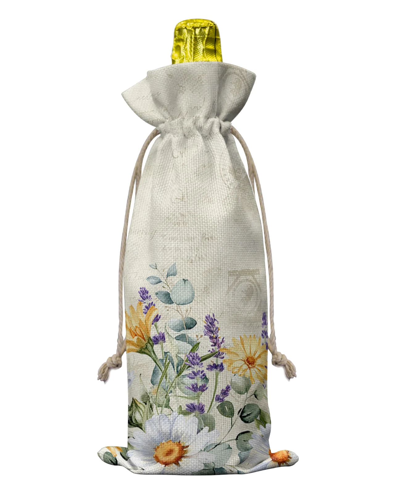 Flowers Daisies Clover Eucalyptus Plants Wine Bottle Covers with Drawstring Wine Bag Packaging Bag Wedding Party Decor Gift