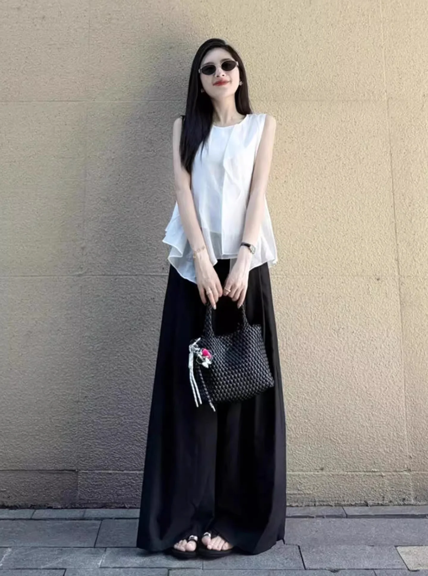 

Ele, белый топ, широкие брюки, комплект, женский модный ансамбль, костюм из двух предметов, летнее новое поступление, духи, уникальный красивый комплект