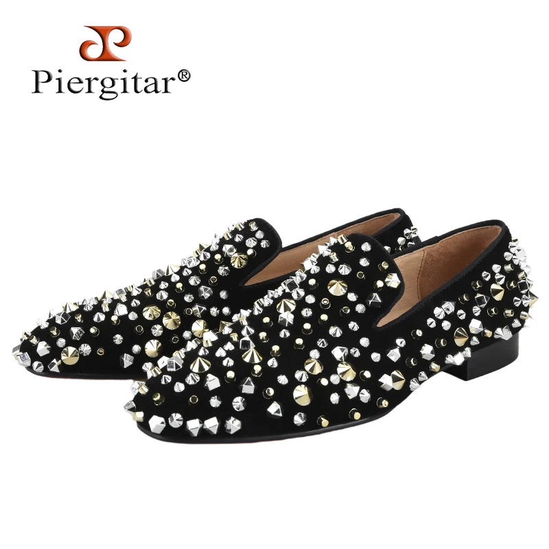 Piergitar Handmade Various Styles Spikes Men's Flat For Party Luxury CL Brand Slip-On Loafers Red Outsole Dandelion Moccasins