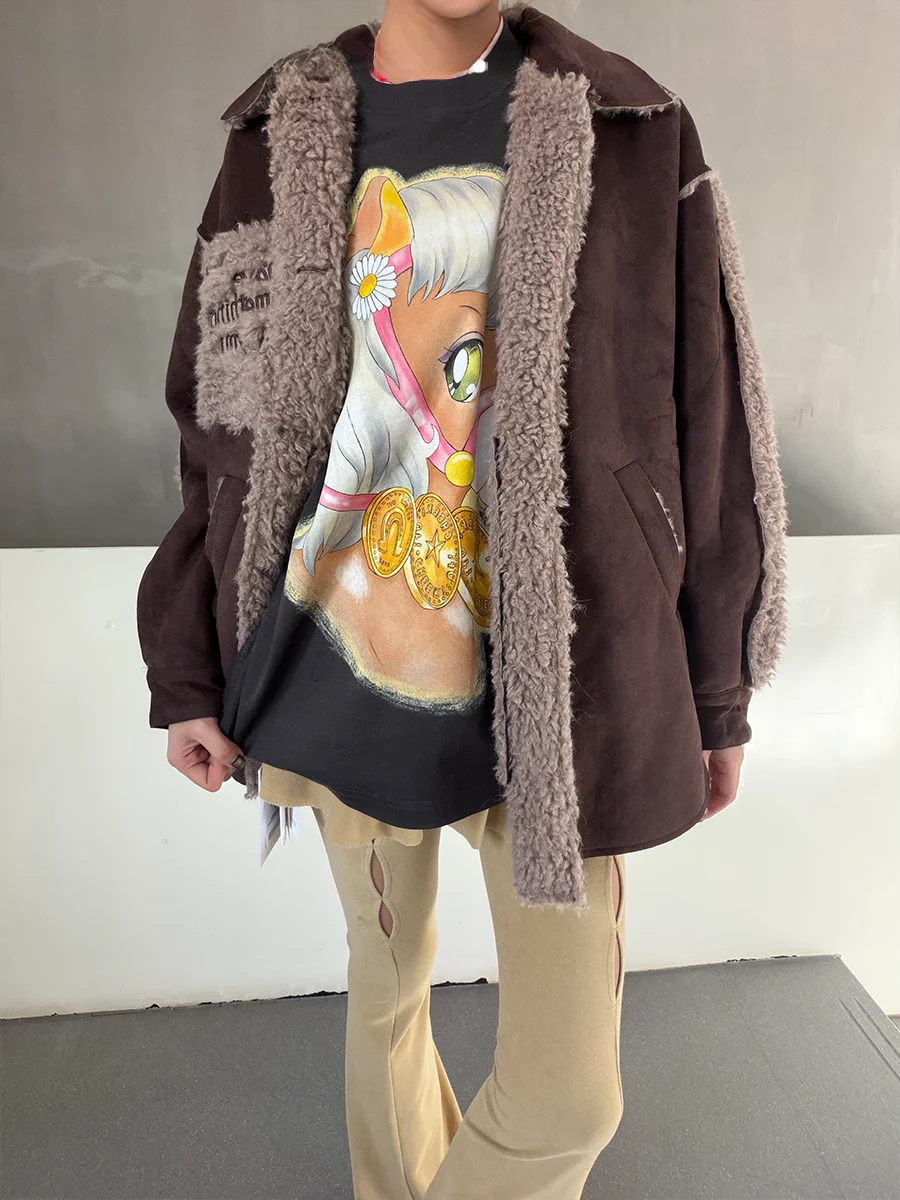 

Loose Outerwear Letter Embroidery Leather And Fur Splicing BLUEDOT Hilihili Park Women's Cotton Jaet Commute Sle Long Sve