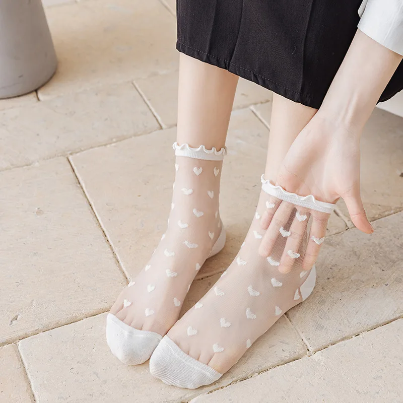 Black Heart Ruffled Lace Shoe Insoles for Women Girls Summer Ultrathin Transparent Silk Short Ankle Elastic Foot Pads