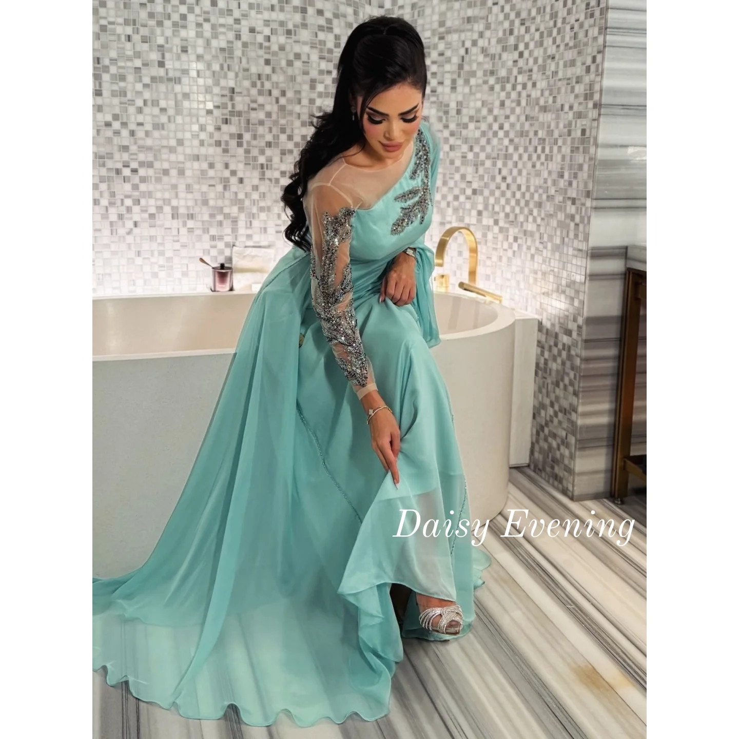 

Green Chiffon One Shoulder Evening Dress Customized Prom Dress Stylish Beads Elegant Saudi Arabia Formal Occasion Party Gowns