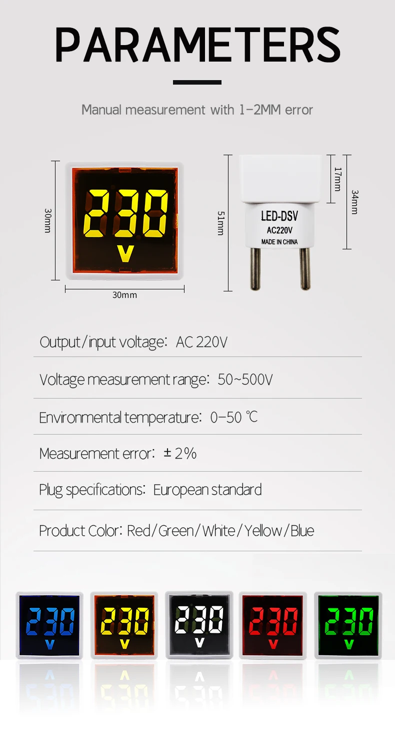 Quadratisches Voltmeter, digitaler Spannungsprüfer, Monitor, AC 50 V–500 V, EU-Stecker, LED-Anzeige, Voltmeter-Kontrollleuchte – Detail 3