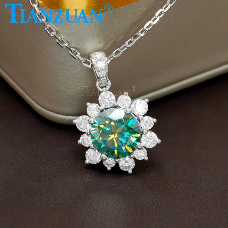 New Trendy Fresh Lovely Sunflower Pendant 10mm Yellow Green Moissanite Necklace for Lady's Party Accessorie Gift Fashion Jewelry