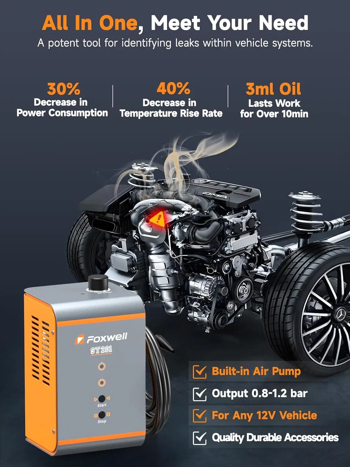 FOXWELL ST201 Automotive Smoke Machine Leak Detector Built-in Air Pump 0.8-1.2 Bar High Pressure Diagnostic Smoke Leak Tester