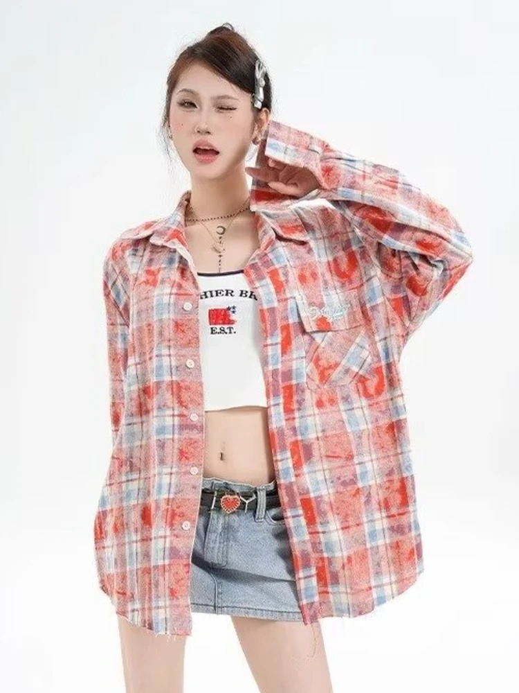 Plaid Jackets Women American Retro Hip Hop Fashion All-match Outwear Spring Autumn High Street Aesthetic Single Breasted Simple