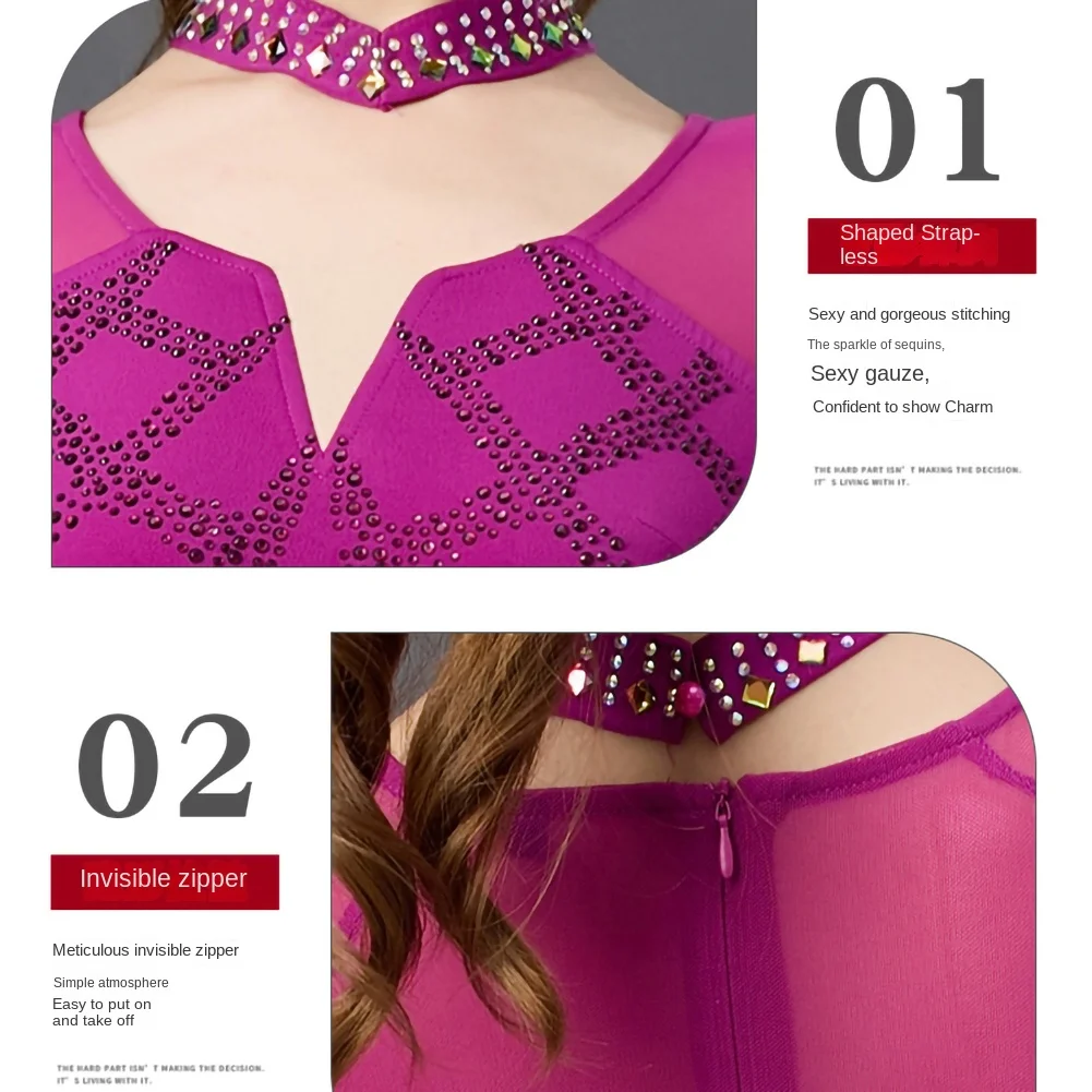 Waltz Women Ballroom dress Competition Long Sleeve Fuchsia Rhinestone Black Red Rhinestone 2025 high quality Dance Dress