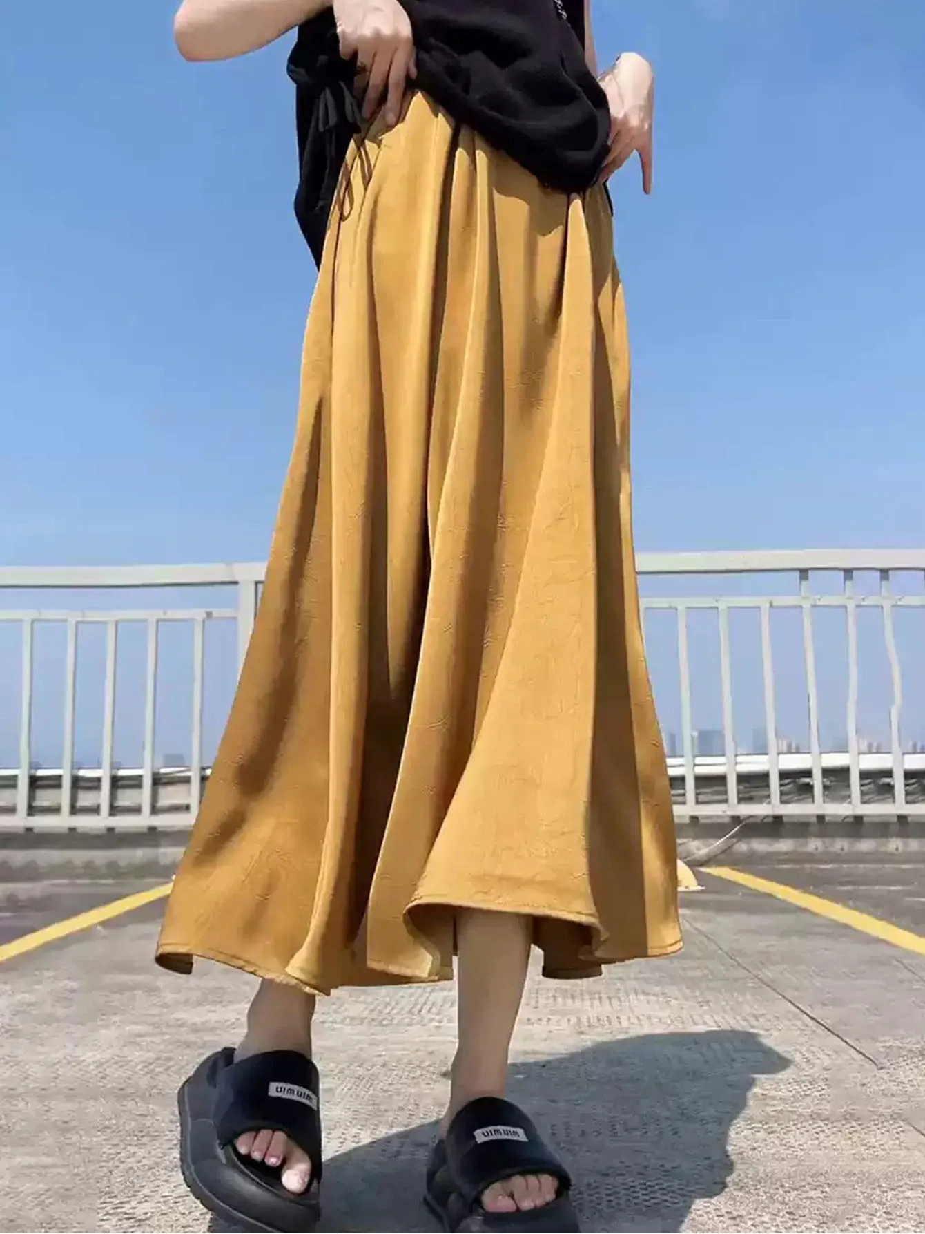 

Women's Mustard Yellow Flowy Midi Skirt Elastic High Waist A-line Satin-like Casual Summer Skirt