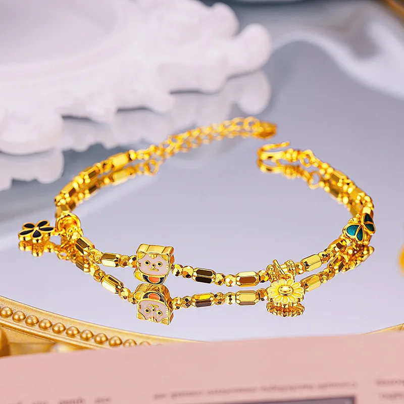 

Niche design sense au9999 gold enamel Kitten Sun Flower Bracelet 24K real gold Cute animal Flower bracelet for women