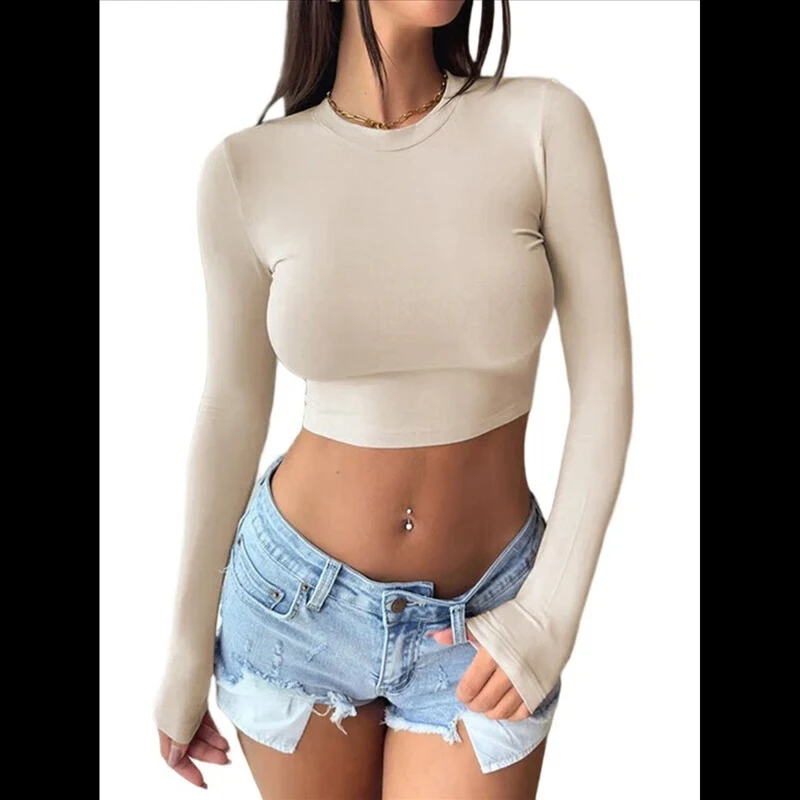 Women T-Shirt Sexy Solid Color Round Neck Long Sleeve Fitted Cropped Fashionable High Quality New Arrival Trendy Comfortable