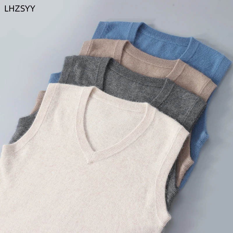 

LHZSYY Men's 100% Pure Mink Cashmere Waistcoat 23 Autumn/Winter New Pullover Sweater Sleeveless Solid Color Tops V-Neck Men Vest