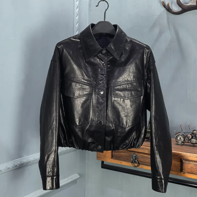 Giacca da motociclista da donna in vera pelle autunno 2025, cappotto casual alla moda a maniche lunghe in similpelle cerata effetto snellente