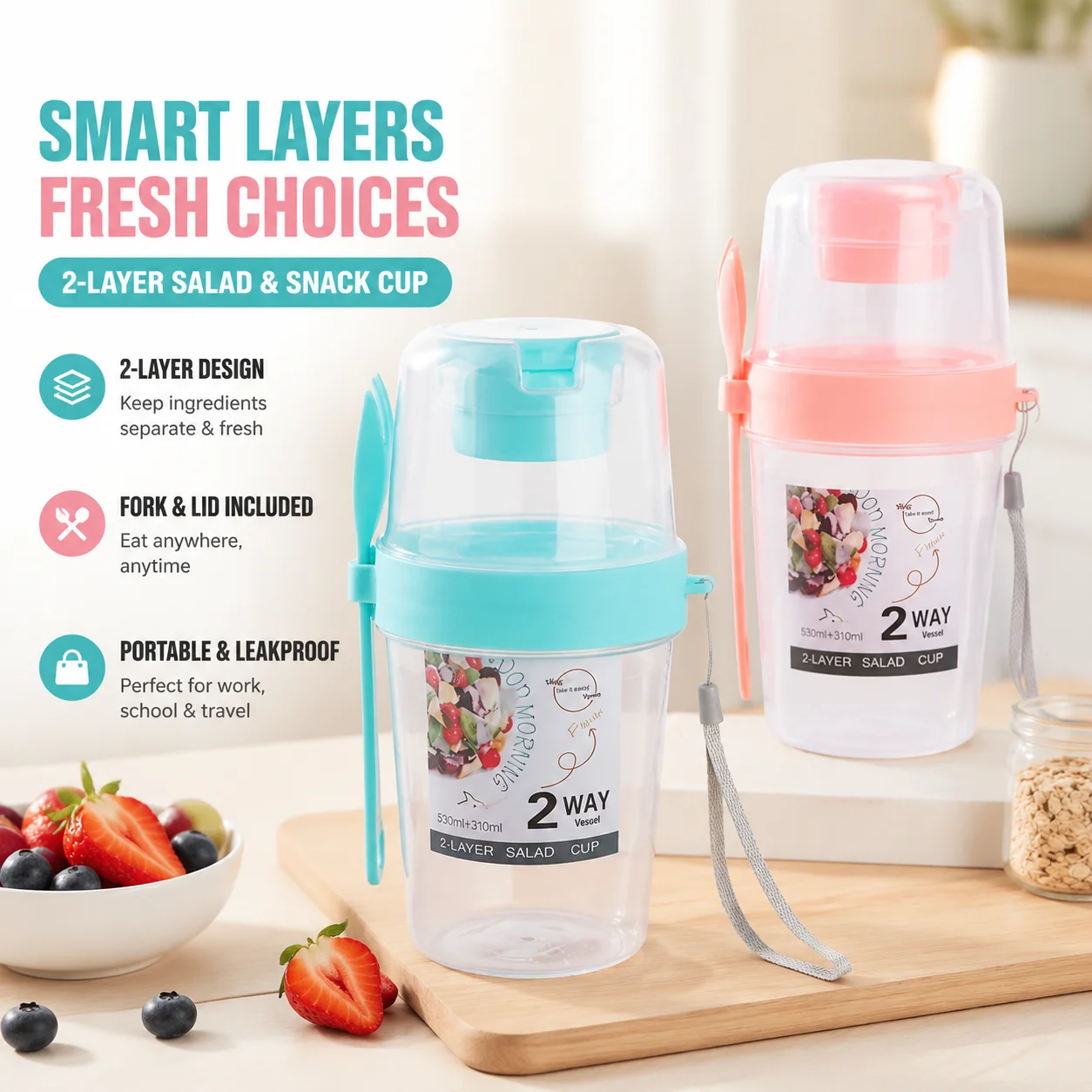 Breakfast Salad Cup with Lid and Fork, Portable Yogurt Cereal Oatmeal Snack Container, Two-Layer Food Storage Bento Box,