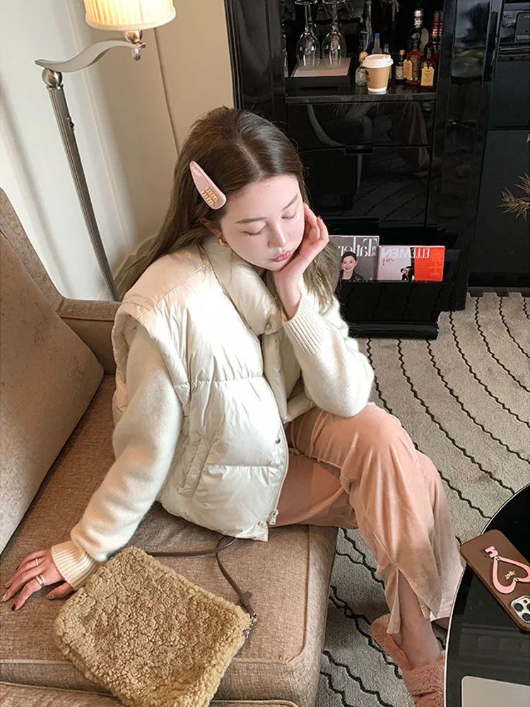 Women's ort down Jaet Vest Detachable Sve Warmth Design Small Size Winter New Sle Casual Loose Fit Thiened Polyester