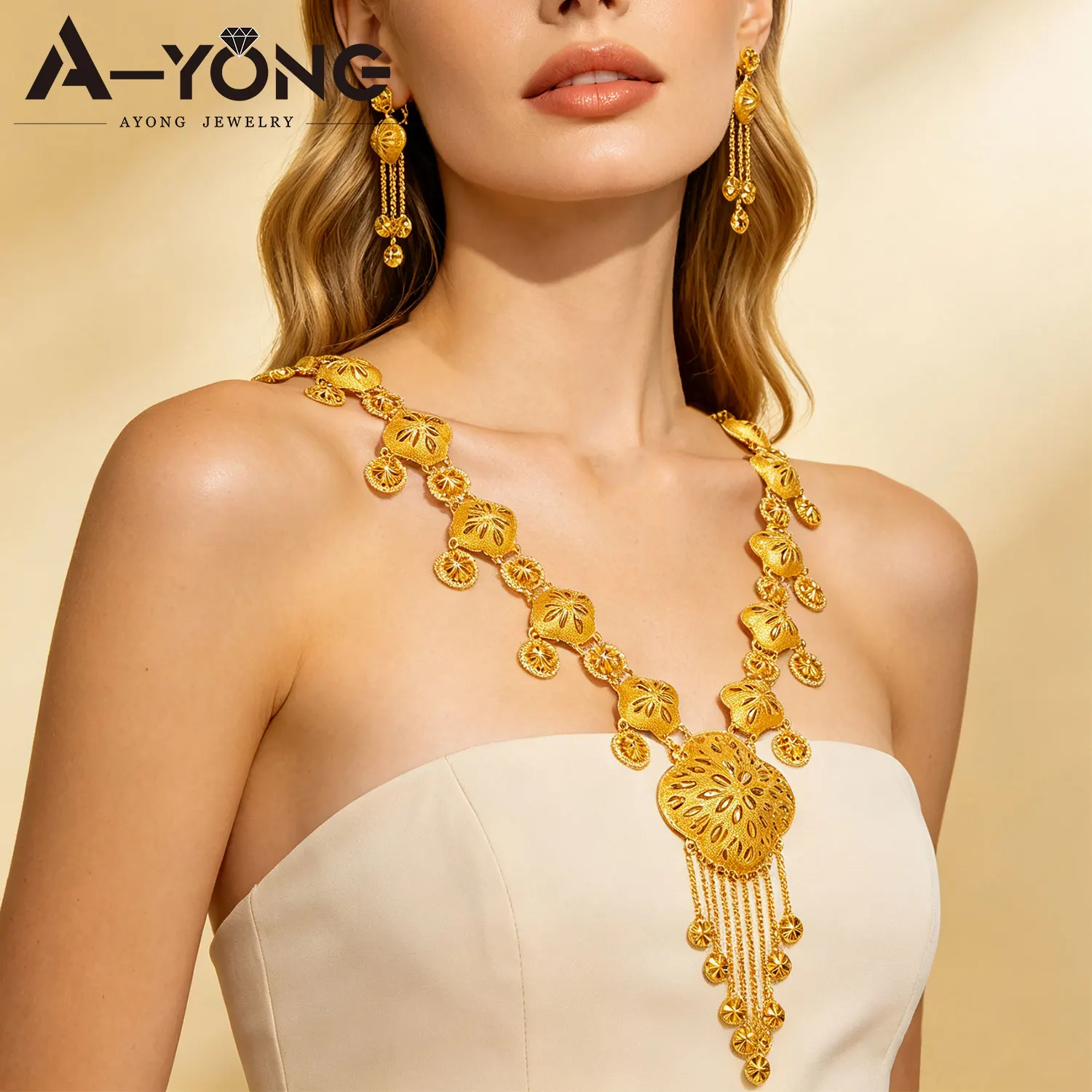 Luxuriöses Dubai Brautschmuck-Set Nigeria Goldfarben Lange Halskette Ohrringe Äthiopischer Damenschmuck für Bankette und Partys – Detail 2