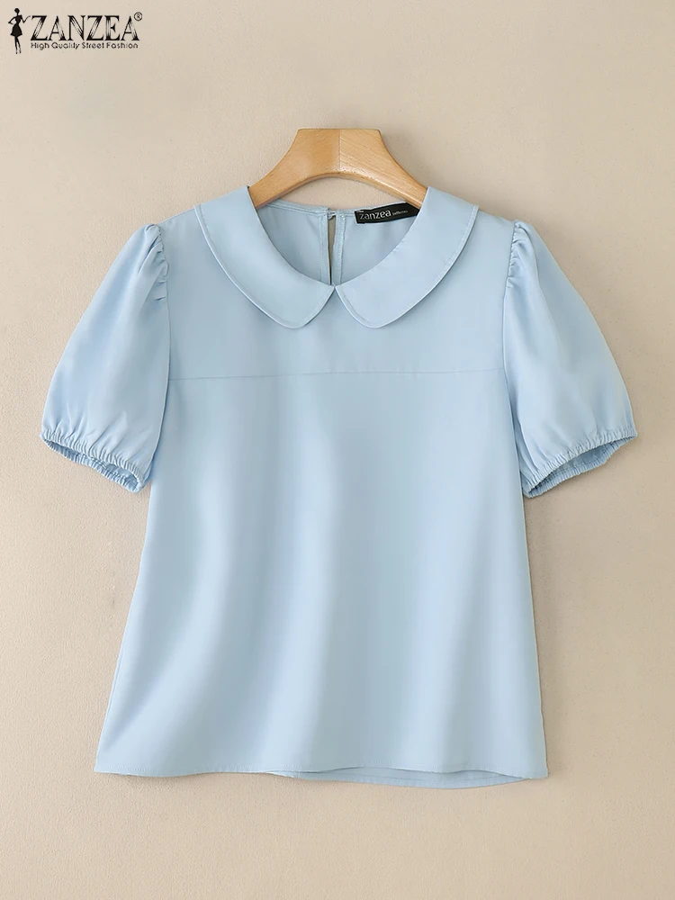

ZANZEA Korean Fashion Commuting Blouses Womens Short Puff Sleeve Day Wear Solid Blusas Mujer Elegant Peter-Pan Collar Tunic Tops