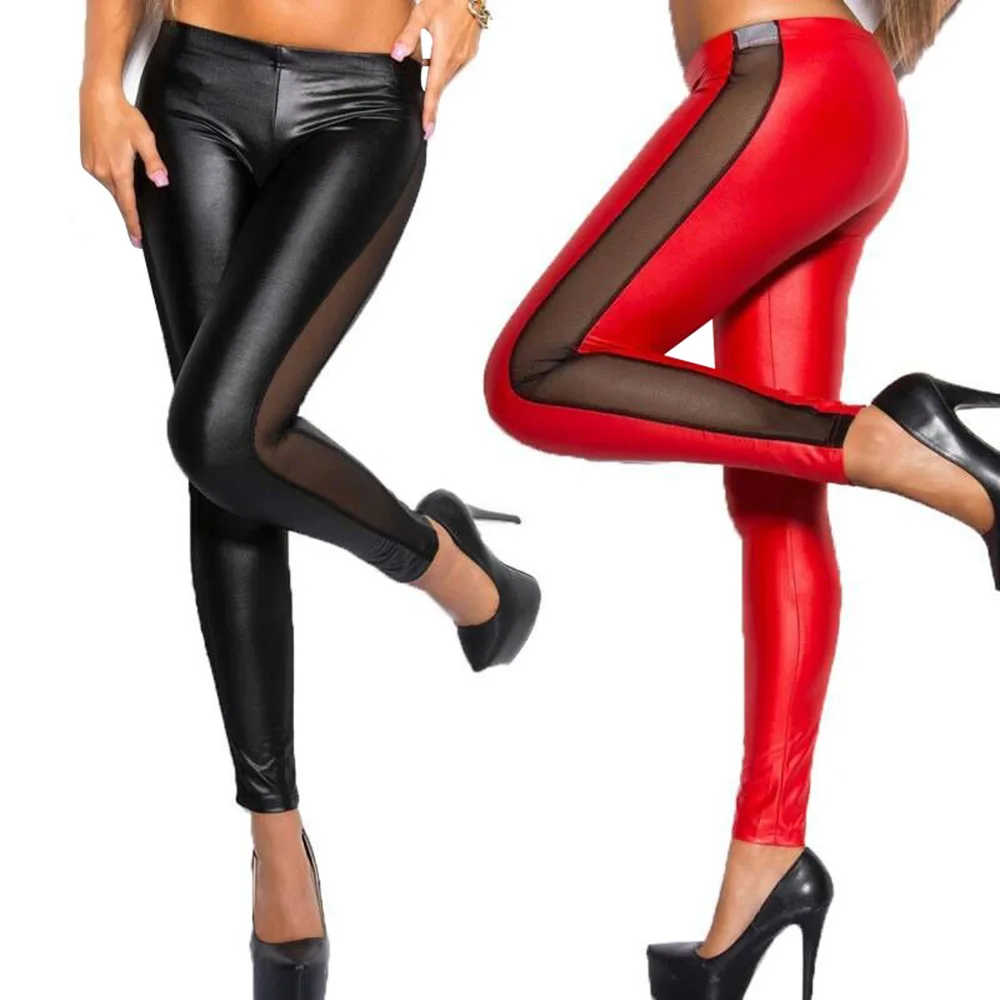 Woman Open Crotch Leather Sexy Leggings Latex Mesh Plus PU Tights Clubwear Hot Pants Zipper Couple Outdoor Sex Crotchless Cloth