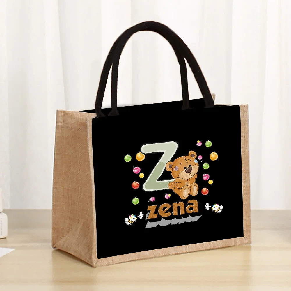 Personalized Customization Name Linen Handbag Shopping Bag Retro Grocery Bag Summer Beach Bag Cartoon Bear Pattern