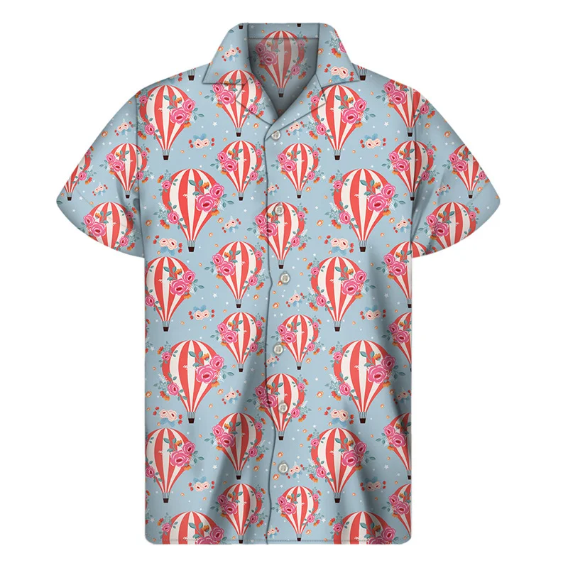 Cartoon Air Balloon 3D Print Hawaiian Shirt Men Summer Cool Lapel Shirts Fashion Short Sleeve Tops Oversized Button Blouse