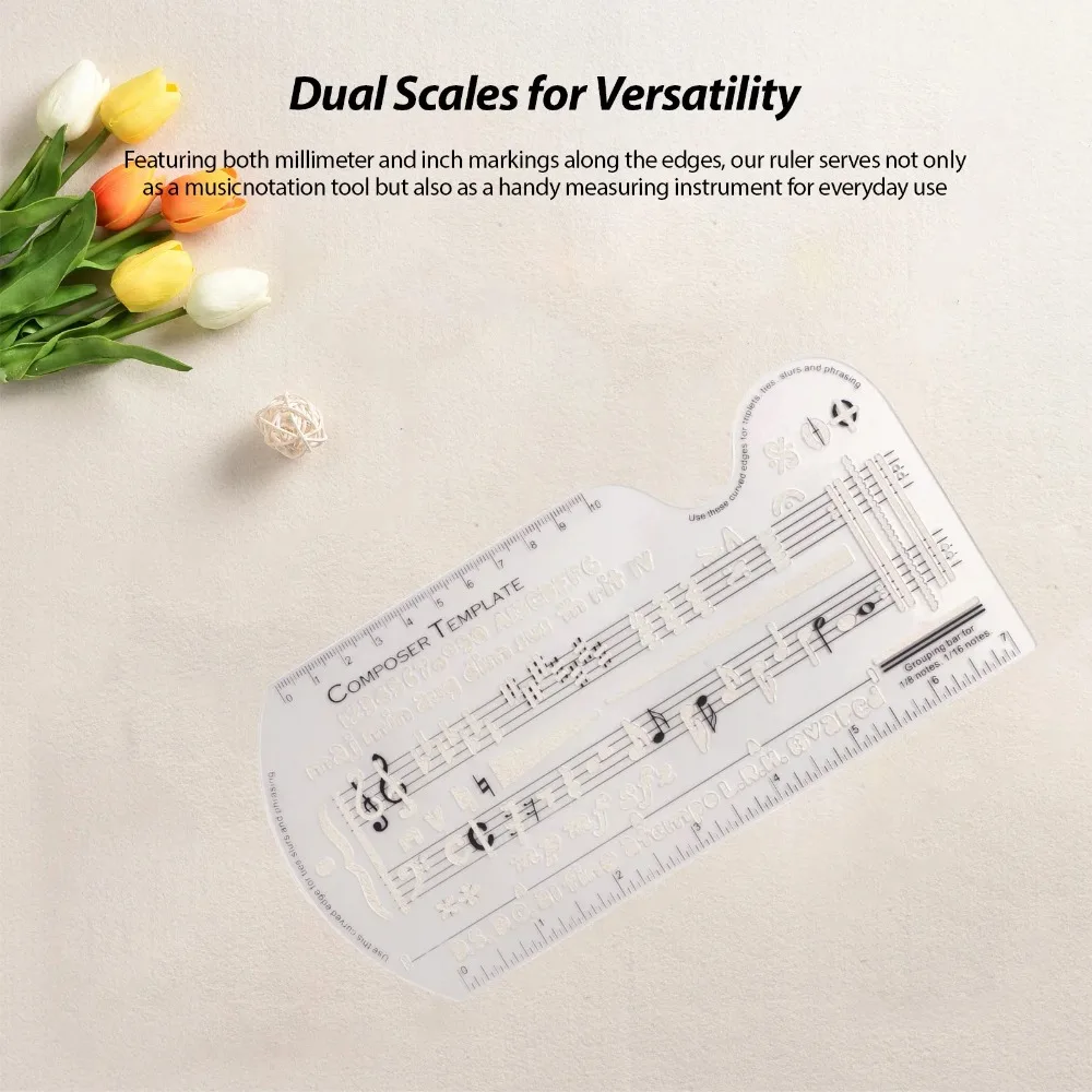 PP Music Template Ruler - Dual Scales Curve for Composer Sheet & Drawing, Transparent Stencil W/Silk Screen Symbols (Note/Rest)