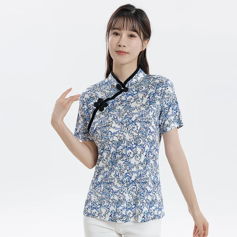 BirdTree, Natural Silk Knitted T-Shirts, Women Short Sleeve Stand Printed, Elegant Casual New Chinese Top, 2024 Summer T45584QC