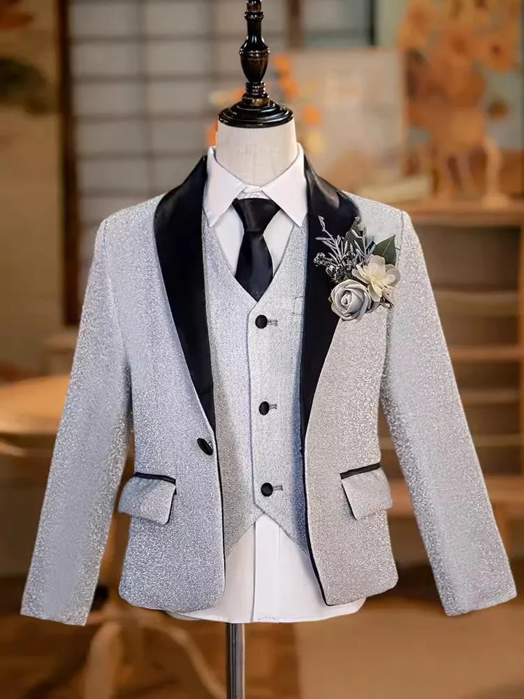 Children Shining Silver Jacket Vest Pants Stage Show Photography Suit Boys Performance Costume Kids Piano Wedding Tuxedo Dress