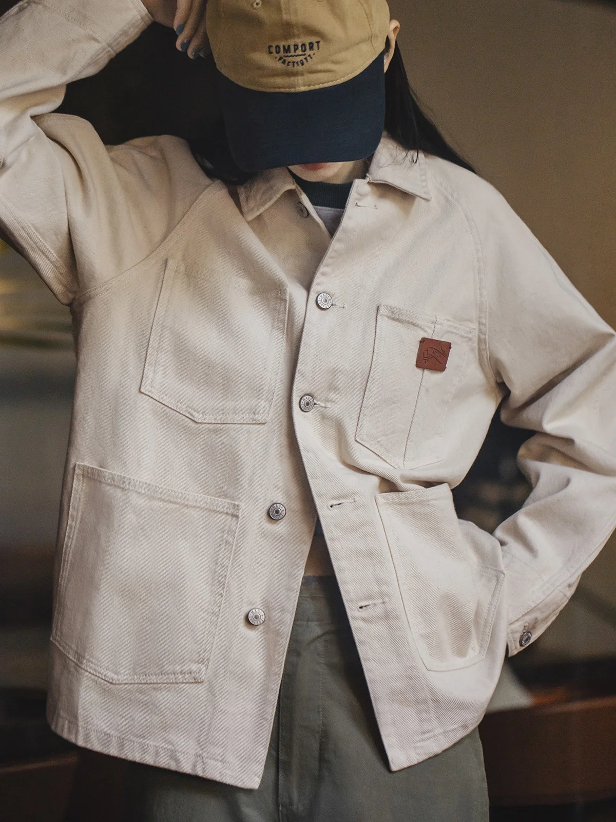 

Maden White Denim Jaet из чистого хлопка, свободная женская одежда в стиле ретро, американская рабочая одежда Jaet, длинная застежка на пуговицах