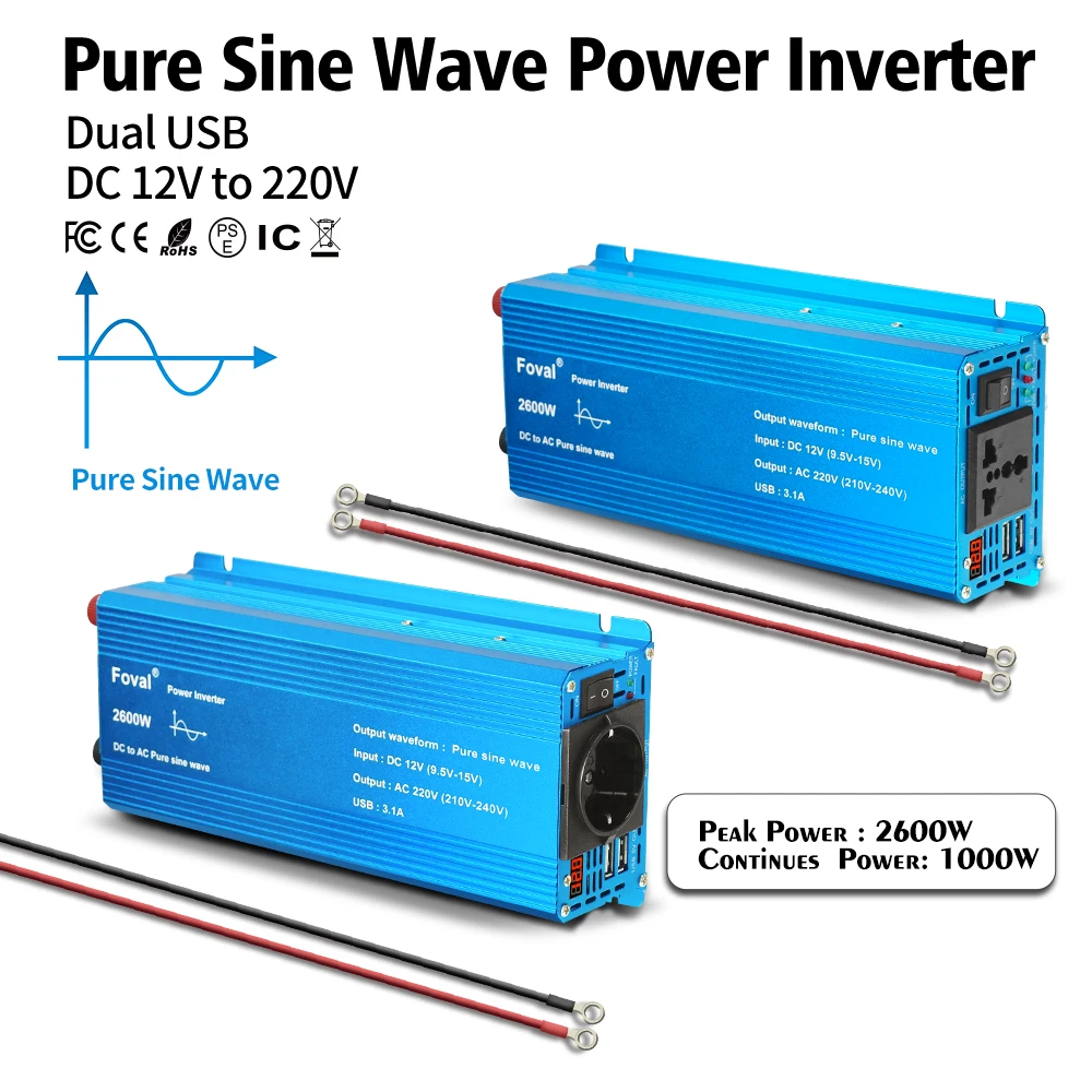 Pure Sine Wave DC 12V/24V 50Hz 60Hz To AC 220V 2600W LED Display Voltage Transformer Converter Solar Power Inverter