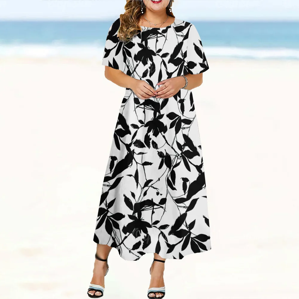 2024 Chinese Design Damesjurken Bamboe Print Elegante En Mooie Midi Jurken Plus Size Dames Jurk Met Korte Mouwen Zomer