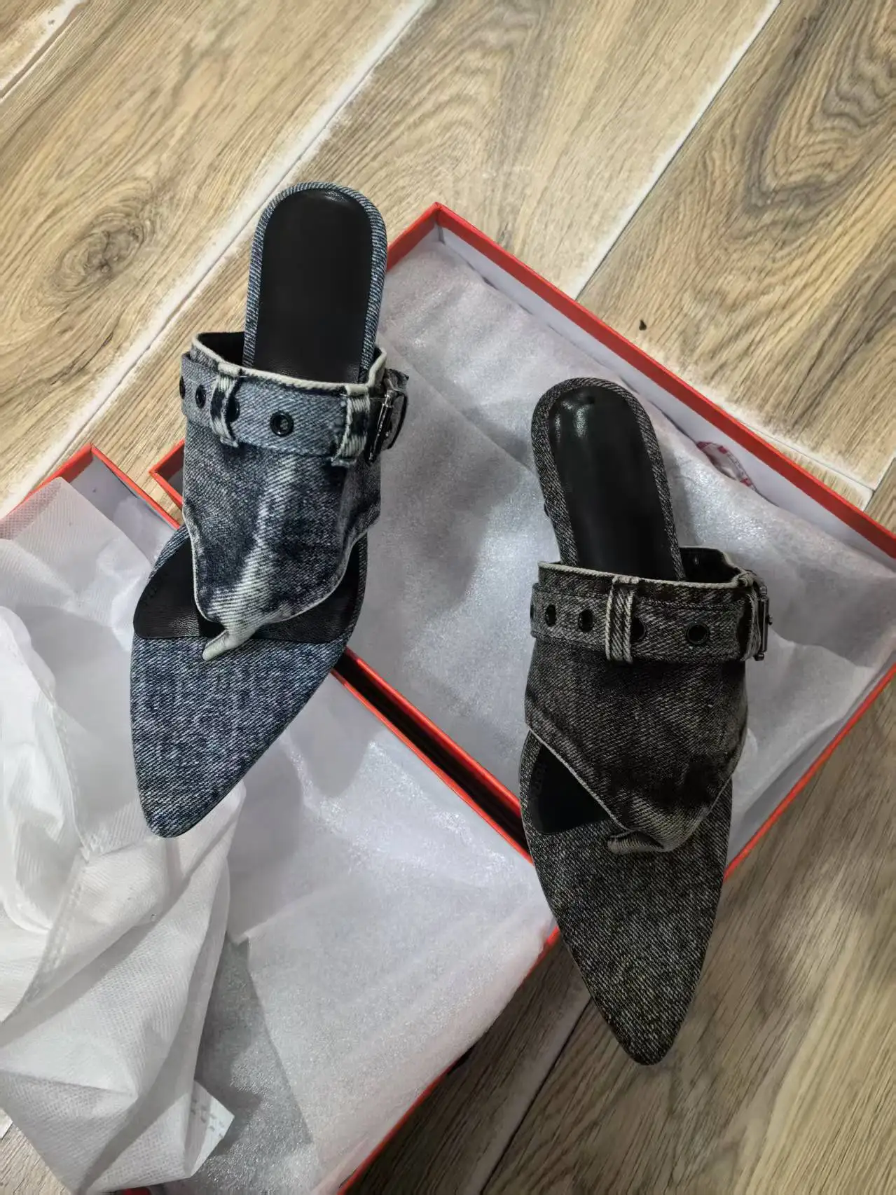 2026 5.5 cm Heel Blue Denim Belt Buckle Hollow Out Fashion Slippers Summer New Comfortable Women's Commuting Sandals Size 43