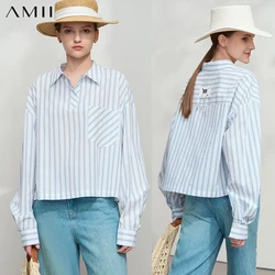 AMII Minimalist 100% Cotton Shirt For Women 2025 Autumn New Loose Casual Striped Drop Sleeves Applique Metal Chain Tops 12541111