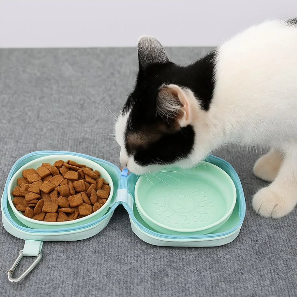 

Portable Cat Silicone Folding Bowl Integrated Type Collapsible Cat Double Bowl with Zipper Dog Water Food Bowl for Dogs Cats