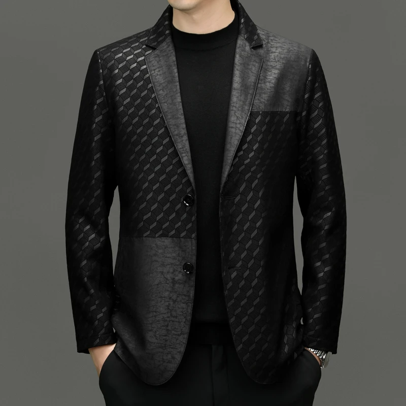 Patchwork Print Sheepskin Blazers For Men Luxurious Smart Casual Spring Quality Skin-Friendly Suit Jackets Terno Masculino L-5XL