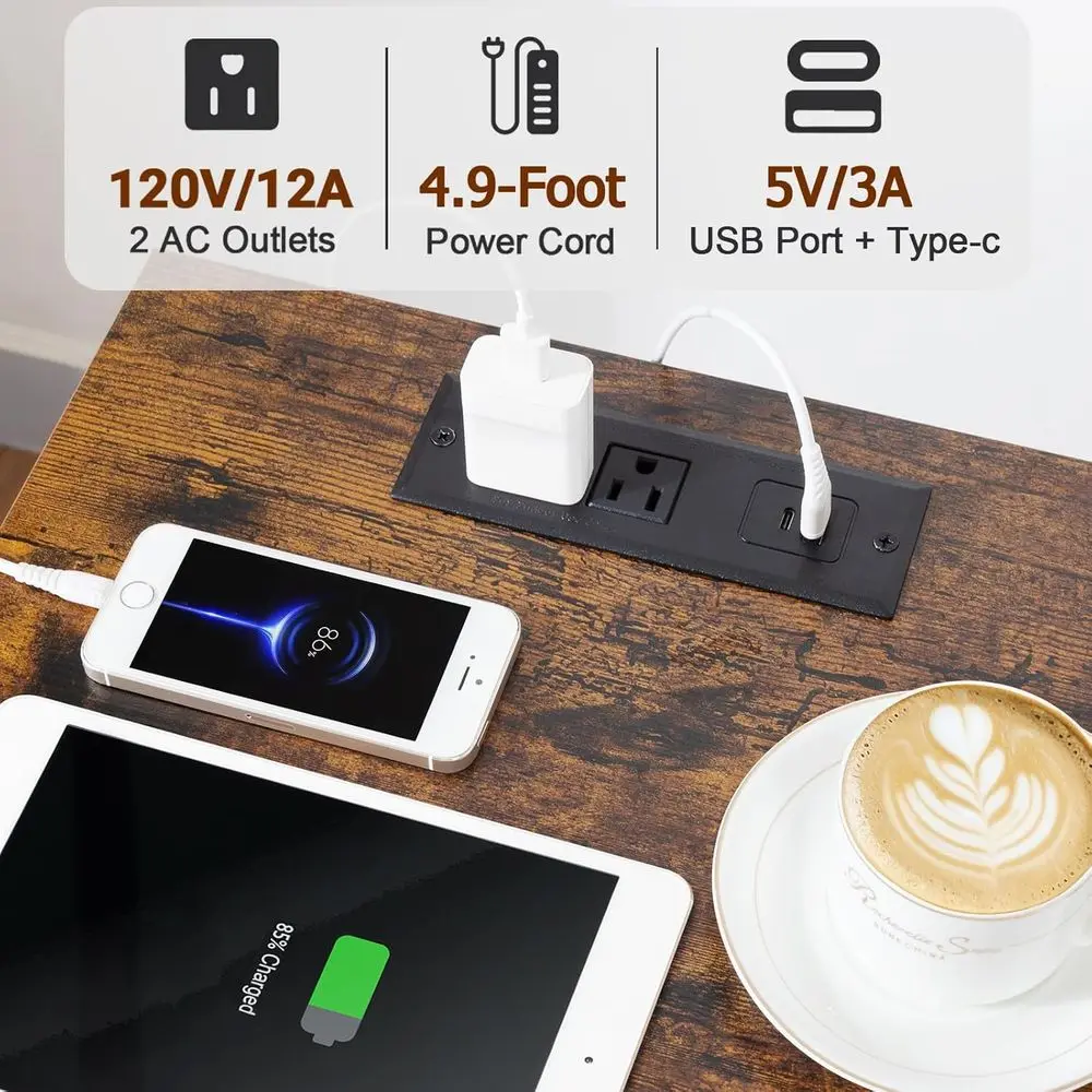 Rustic Brown Charging Nightstand, Storage End Table for Small Spaces, Fabric Drawer Side Table for Bedroom Living Room HETS010PB