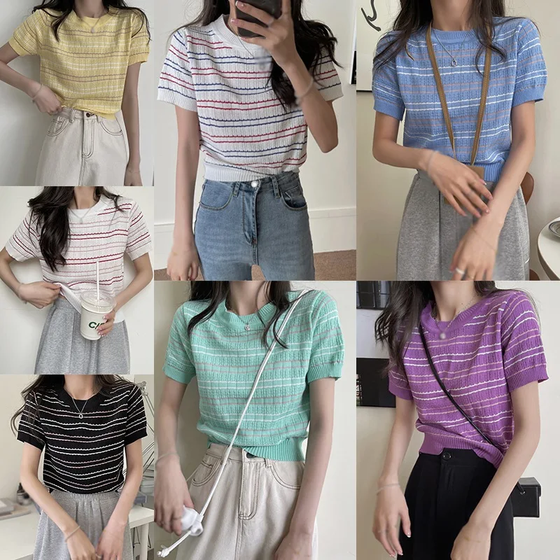 Top corto lavorato a maglia da donna a righe estive Casual elegante versione coreana o-collo a maniche corte t-shirt Basic Preppy Style Tees