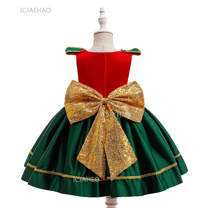 Birthday party Christmas Dresses for Girls Costume Children Performance Bow Dress Holiday Pageant Gown Kids Elves Formal Outfit