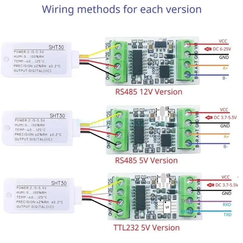 

RS485 SHT30 Sensors Adapter Board -40-125℃ 0-100%RH For Temperature And Humidity Conversion Using Modbus