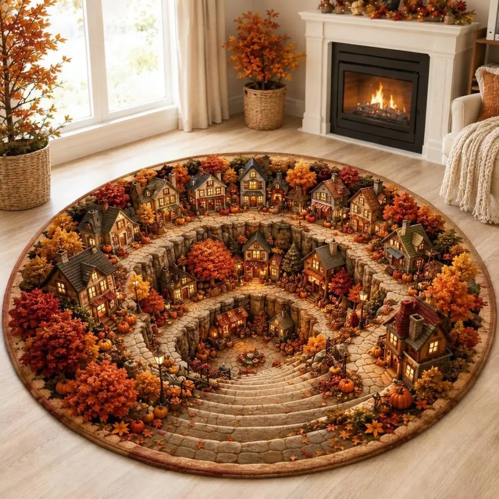 Round Carpet Fall Pumpkin Pattern Crystal Velvet Floor Mat Soft Rug For Living Room Bedroom Home Decorative Area Surface